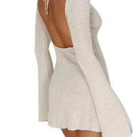 Women's Fall Mini Dress Long Sleeve Open Back Solid